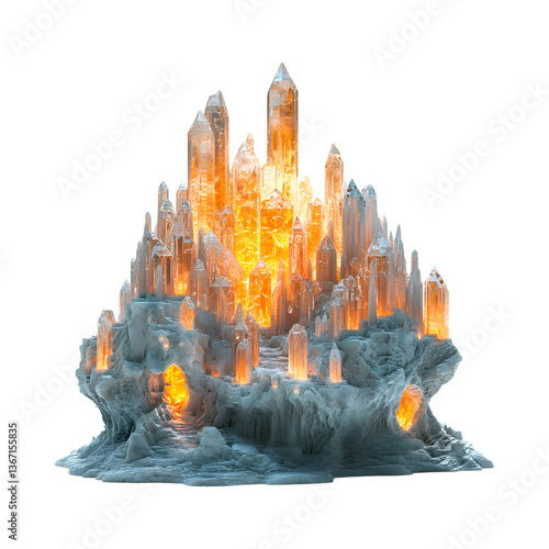 Crystalline Fortress with Glowing Edges and Fractal Isolated on Transparent Background