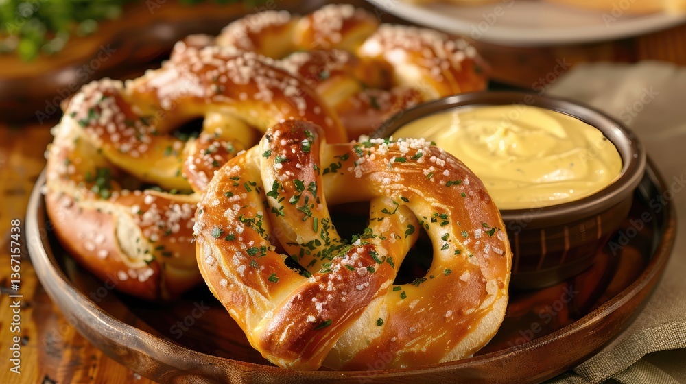 Delicious Soft Pretzels with Mustard Dip on a Rustic Table Delicious Soft Pretzels with Mustard Dip on a Rustic Table