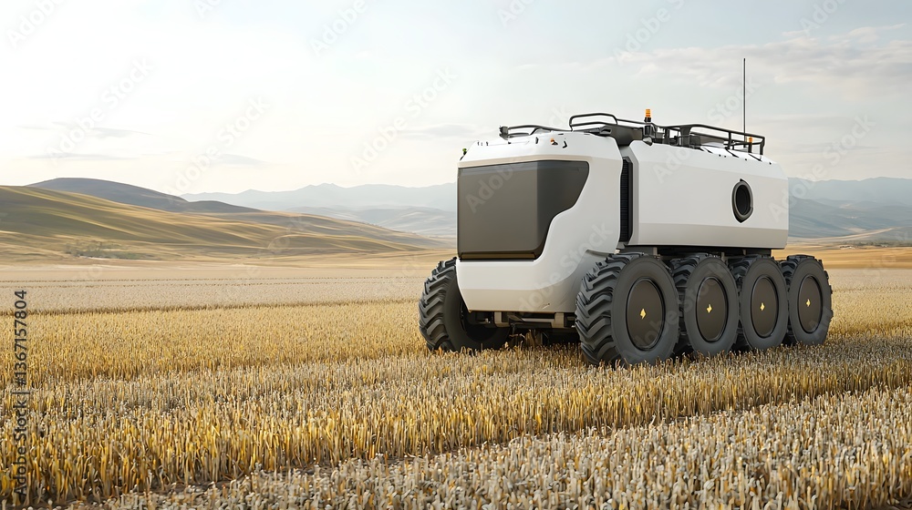 Obraz premium Autonomous robotic harvester efficiently collecting grains in an expansive agricultural field showcasing the of advanced technology and sustainable farming practices