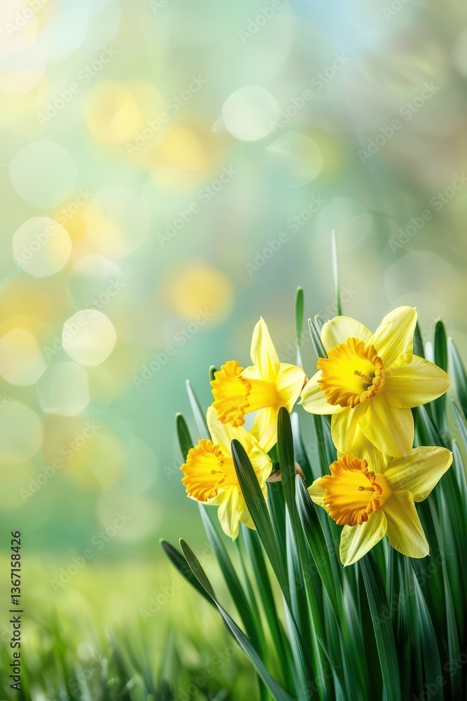 Fototapeta premium Vibrant daffodils in bloom against a lush spring background for seasonal design. Yellow spring background. Bokeh effect. Vertical banner. Copy space