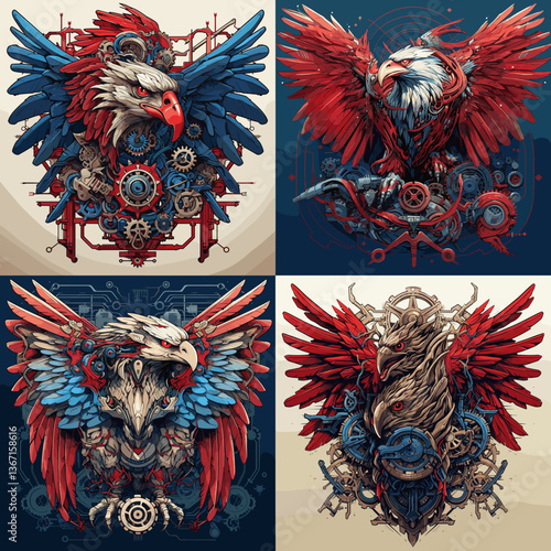 Epic steampunk eagle illustrations with gears, wings, and metallic elements. Ideal for patriotic art, t-shirt designs, posters, fantasy themes, and mechanical bird character concepts.

