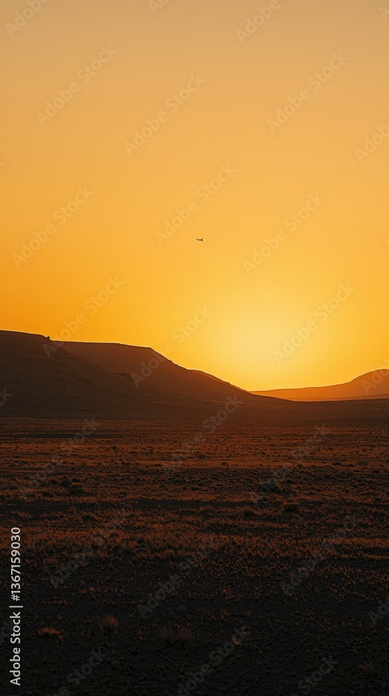 Obraz premium Serene desert sunset with silhouetted hills and airplane in warm orange sky