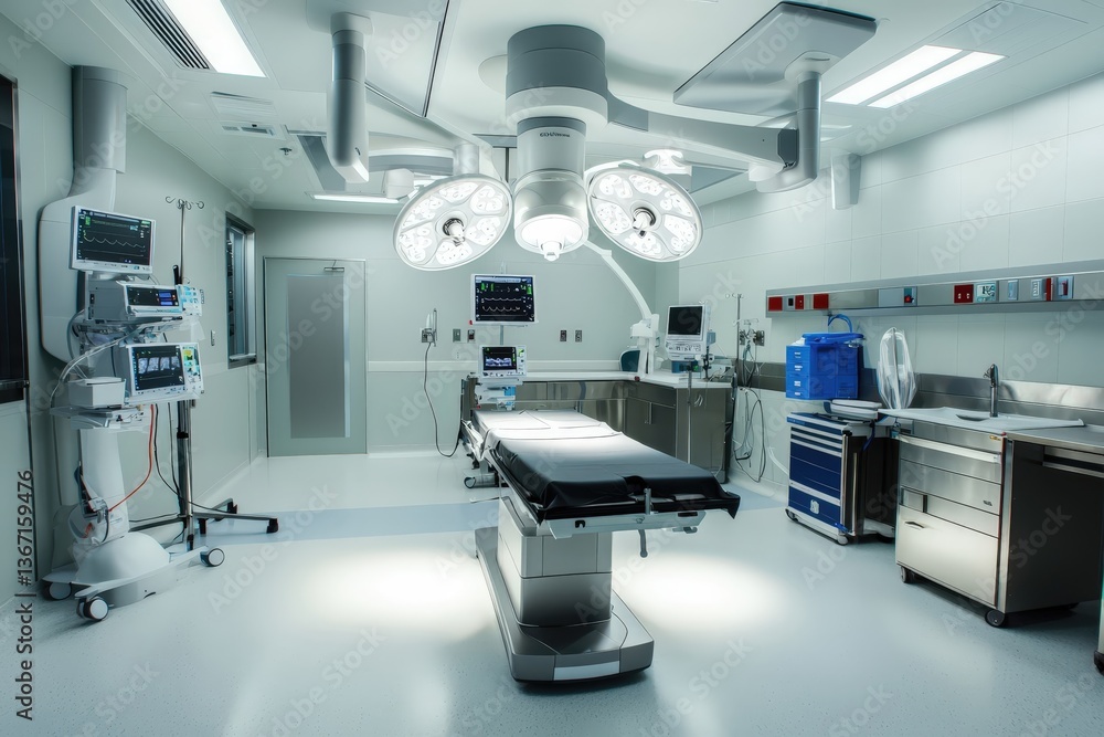 Modern surgical operating room with advanced medical equipment and sterile environment Modern surgical operating room with advanced medical equipment and sterile environment