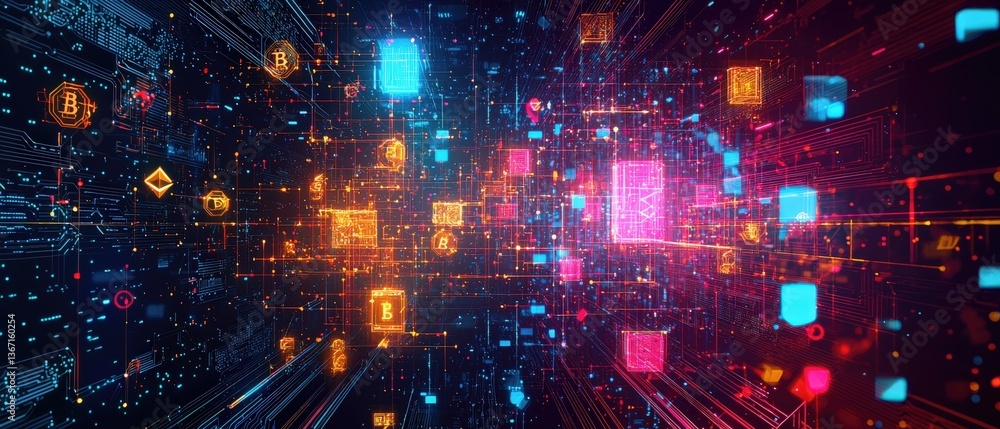 Fototapeta premium Futuristic blockchain network with glowing data nodes in vibrant cyberspace illustration