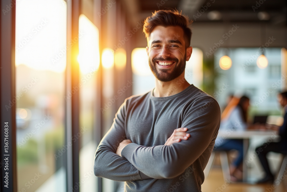 Fototapeta premium Confident Entrepreneur Smiling in Modern Office with natural sunlight streaming through large windows