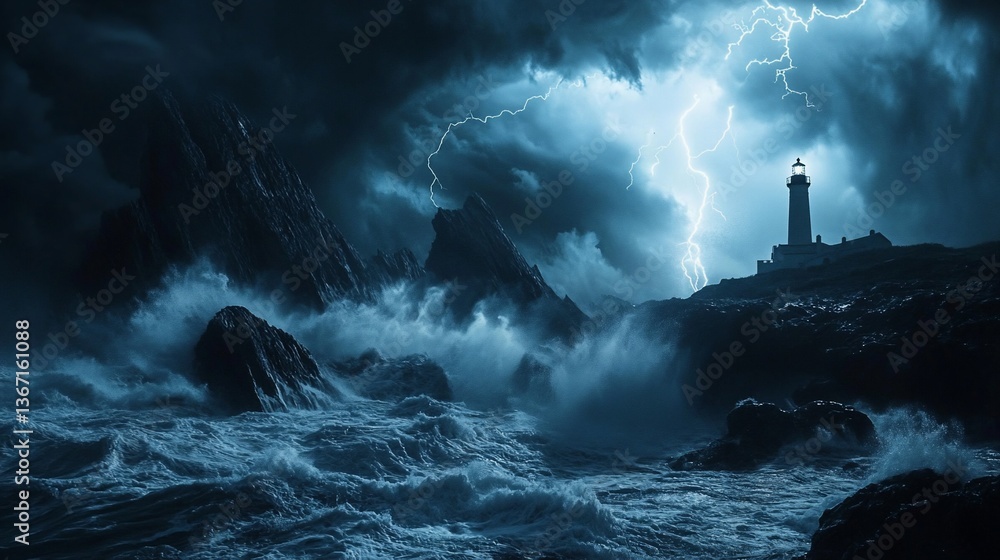 Lighthouse battling stormy sea and lightning. Lighthouse battling stormy sea and lightning.