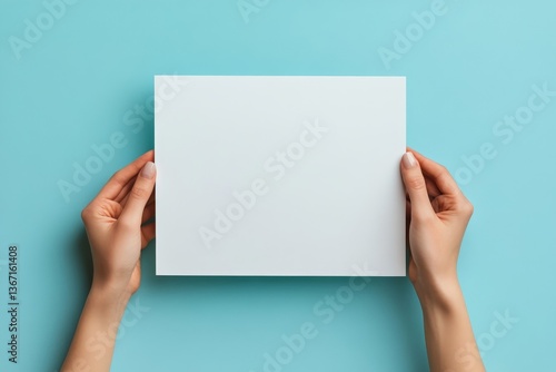 Female hands holding blank white paper sheet on light blue background. Top view. Mockup paper with copy space for text