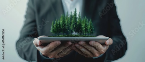 A person in a suit holds a tablet with a miniature forest on it.