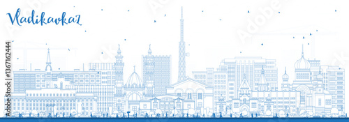 Outline Vladikavkaz Russia city skyline with blue buildings. Vladikavkaz cityscape with landmarks. Business travel and tourism concept with modern and historic architecture.