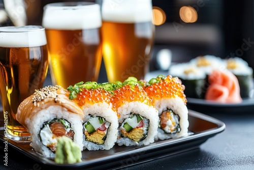 Food truck cuisine gourmet beer Delicious sushi and beer served on a stylish dining table.