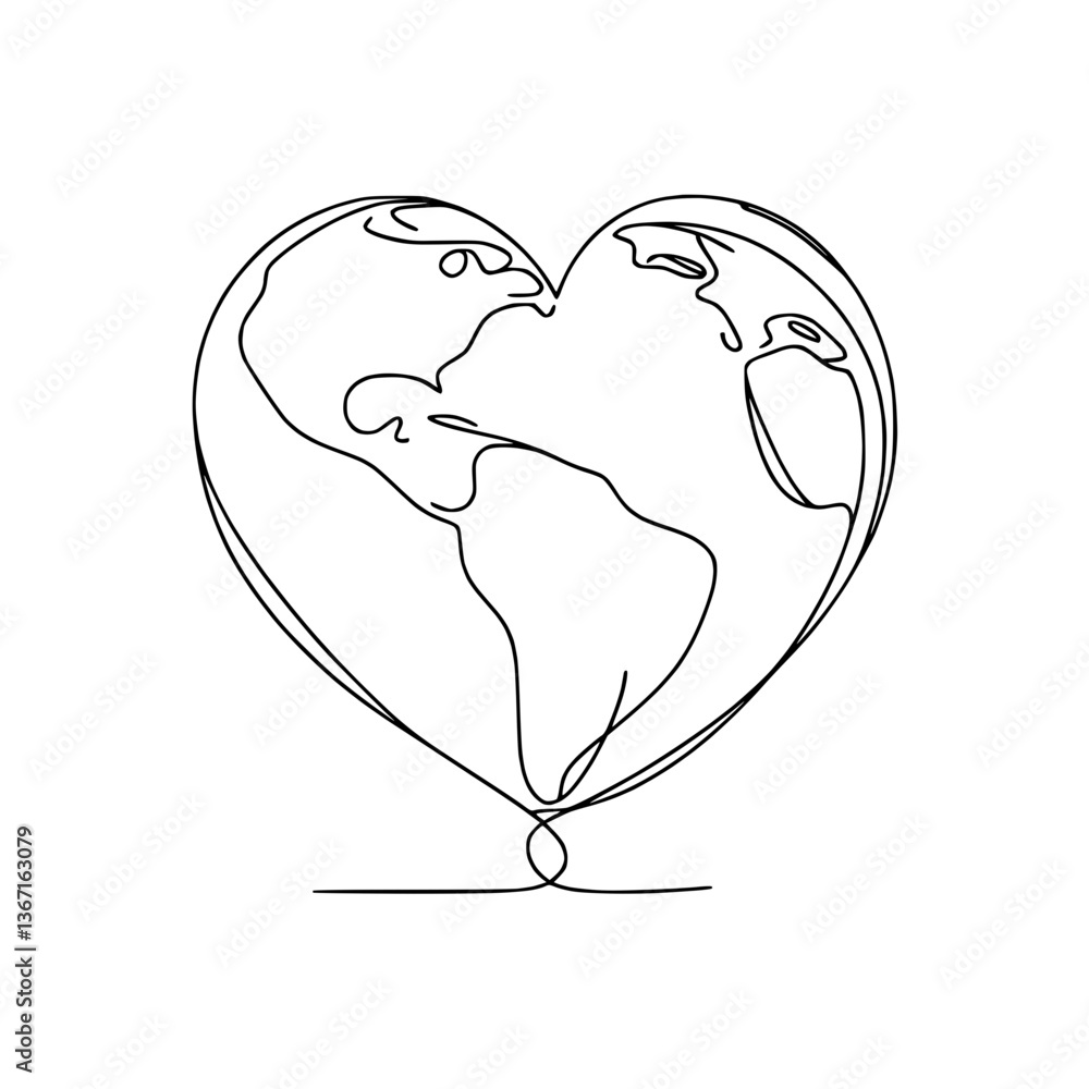 Heart-shaped globe illustration in black line art on transparent background Heart-shaped globe illustration in black line art on transparent background