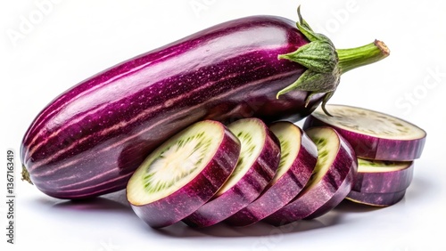 Wallpaper Mural Striped eggplant with vibrant purple and green hues, artfully sliced and arranged, showcasing its rich color and texture, a symbol of fresh produce and healthy eating. Torontodigital.ca