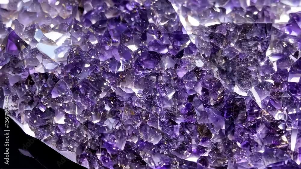 A close-up view of a cluster of Sugilite amethyst crystals, showcasing their vibrant purple hues and intricate facets. The light reflects off the surfaces, creating a sparkling effect. A close-up view of a cluster of Sugilite amethyst crystals, showcasing their vibrant purple hues and intricate facets. The light reflects off the surfaces, creating a sparkling effect.