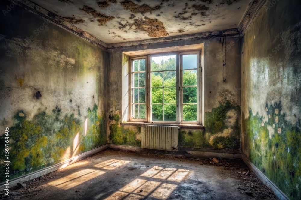 Obraz premium Sunlit Decay A Window to Nature in an Abandoned Room's Verdant Walls
