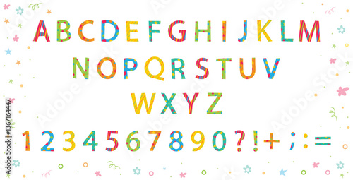 cute font, childish type, cartoon children english alphabets vector typography, kids typeface, colorful letters and number font, kids education funny cute abc symbol typeface