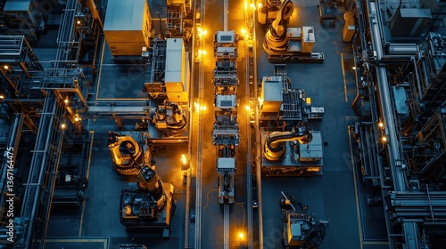 Aerial view of illuminated industrial factory floor with robotic arms and advanced machinery
