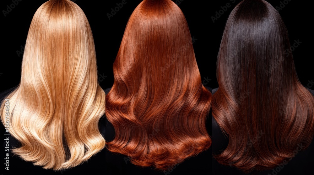 Fototapeta premium Three stunning hairstyles showcasing blonde, red, and dark brown hair