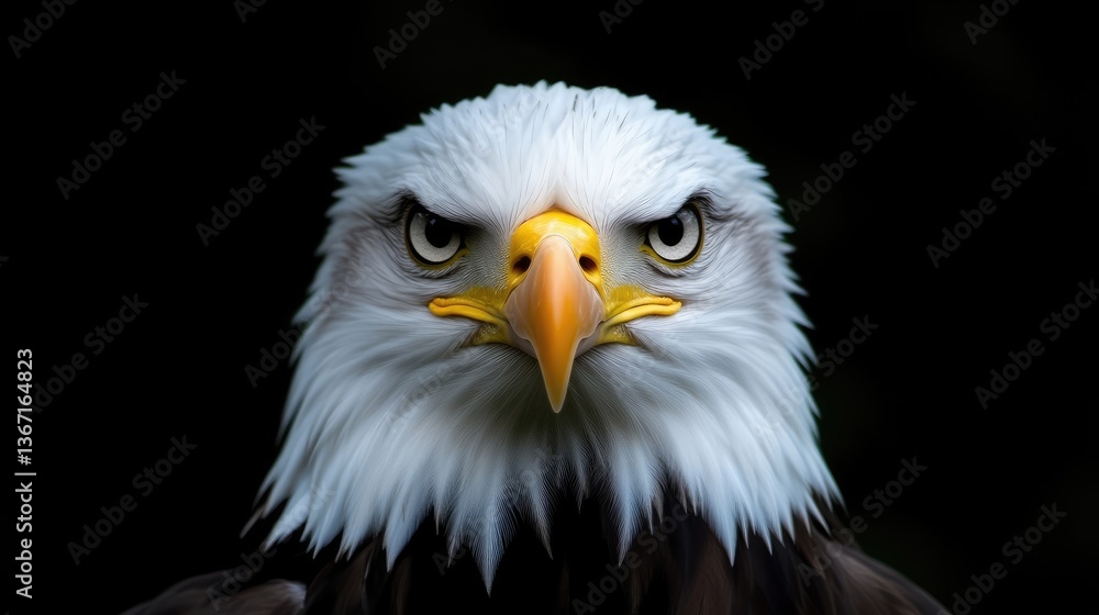 Close-up portrait of an eagle's head, intense stare, sharp focus, against a stark black background. Detailed view of plumage, beak, and eyes Close-up portrait of an eagle's head, intense stare, sharp focus, against a stark black background. Detailed view of plumage, beak, and eyes