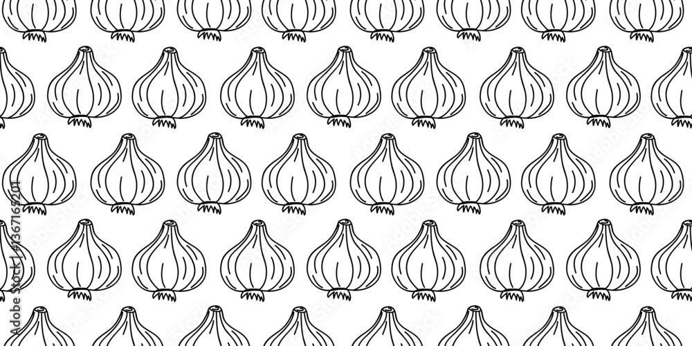 Pattern of hand-drawn garlic bulbs arranged in a seamless design on a white background Pattern of hand-drawn garlic bulbs arranged in a seamless design on a white background