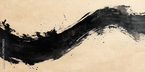 Black ink brush stroke on white background. Abstract background in Japanese style. Japanese calligraphy
