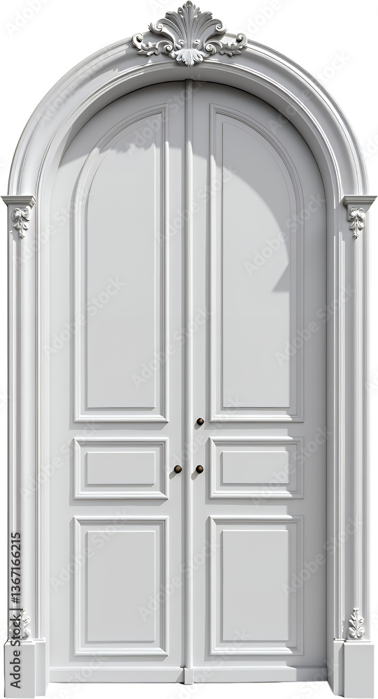 Fototapeta premium Arched White Door, Ornate Frame, Transparent Background