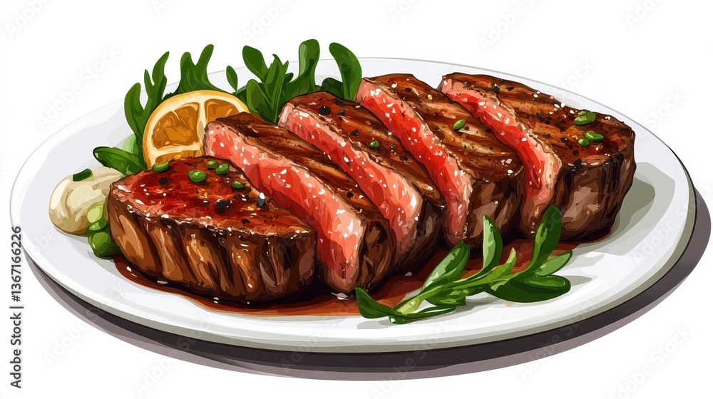 Delicious sliced steak on a plate with garnish, waiting to be savored. Great for food blogs, restaurant menus, or culinary projects. Delicious sliced steak on a plate with garnish, waiting to be savored. Great for food blogs, restaurant menus, or culinary projects.