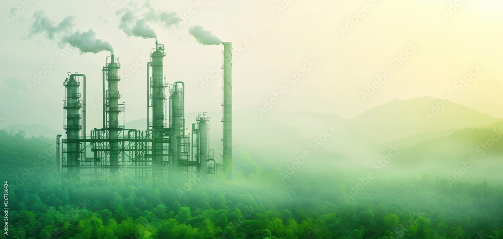 Fototapeta premium Industrial landscape with smokestacks amid lush greenery and mountains.