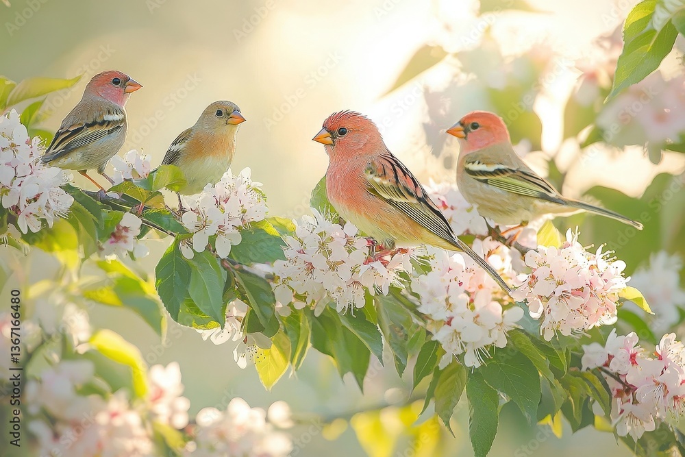 Fototapeta premium Colorful birds perched on blossoming branch in serene natural setting