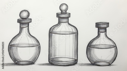 Pencil Drawing of Three Glass Bottles