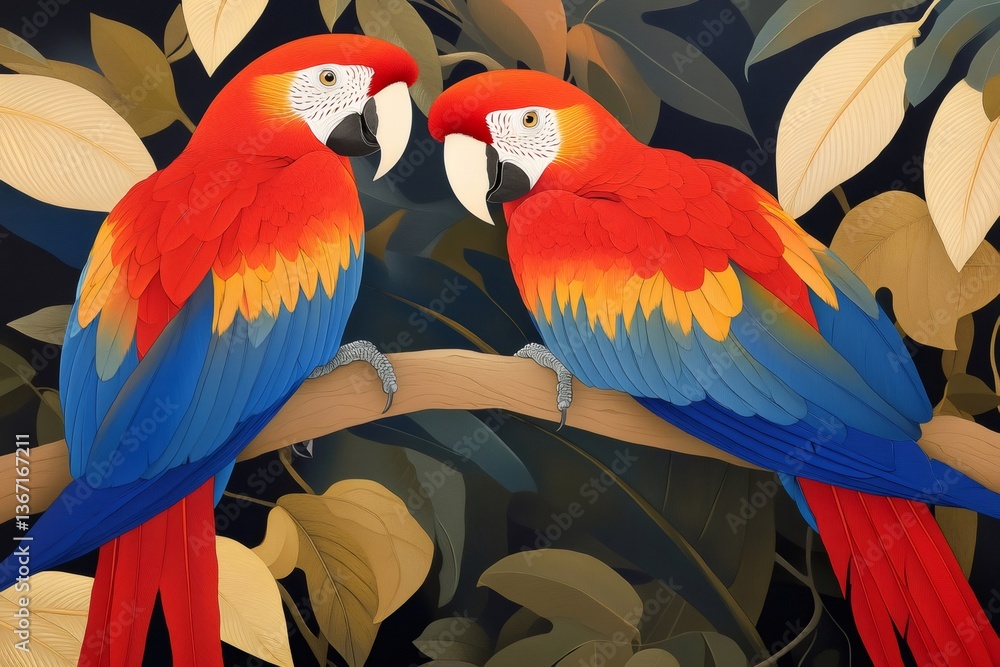 Fototapeta premium Two scarlet macaws perching on a branch in the rainforest