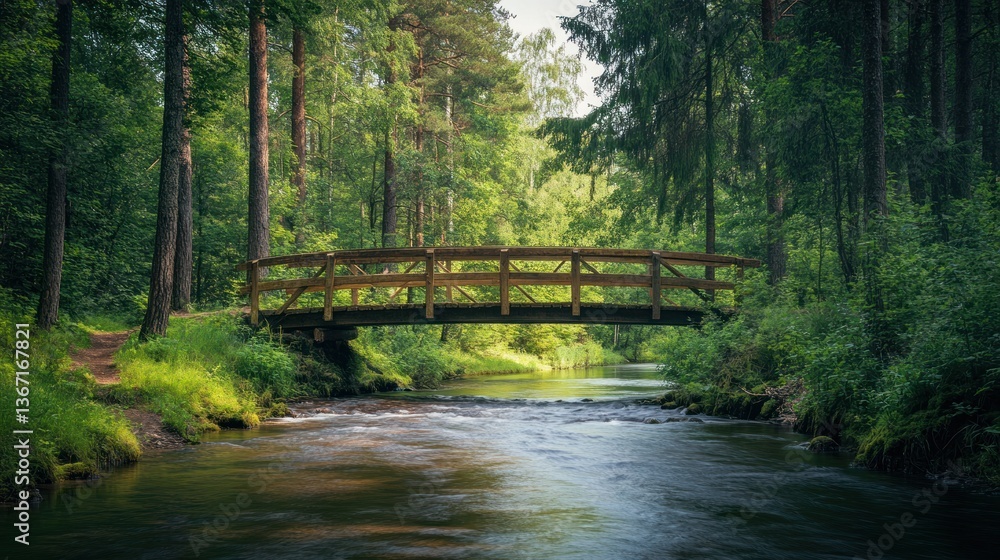 Fototapeta premium Idyllic Forest River Crossing: A Serene Wooden Bridge in Emerald Greenery