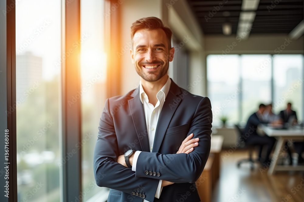 Confident Entrepreneur Smiling in Modern Office with natural sunlight streaming through large windows Confident Entrepreneur Smiling in Modern Office with natural sunlight streaming through large windows
