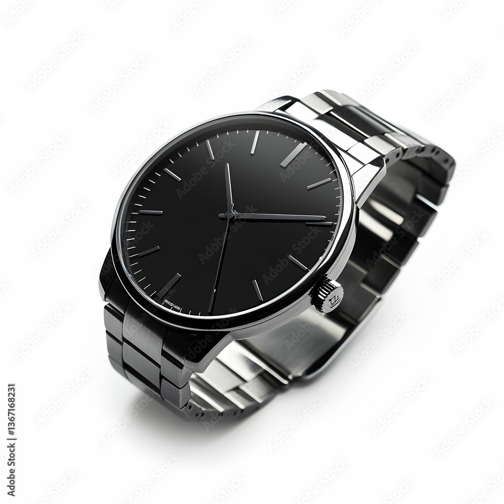 A sleek modern men watch with a stainless steel band, minimalistic dial, and bold hands, isolated on a white background A sleek modern men watch with a stainless steel band, minimalistic dial, and bold hands, isolated on a white background