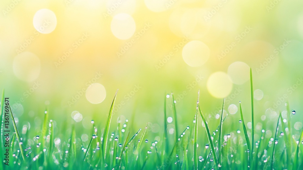 Fototapeta premium Dewy grass close-up with blurred sunny bokeh background.