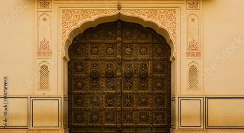 Ornamental Golden Gate In Beige Palace Rajasthan India