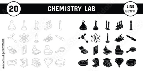 Chemistry Lab Line Glyph Vector Illustration Icon Sticker Set Design Materials