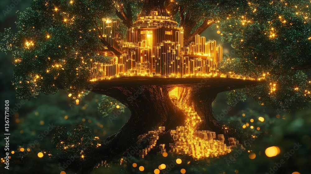 Fototapeta premium Futuristic Golden Treehouse in Enchanted Forest