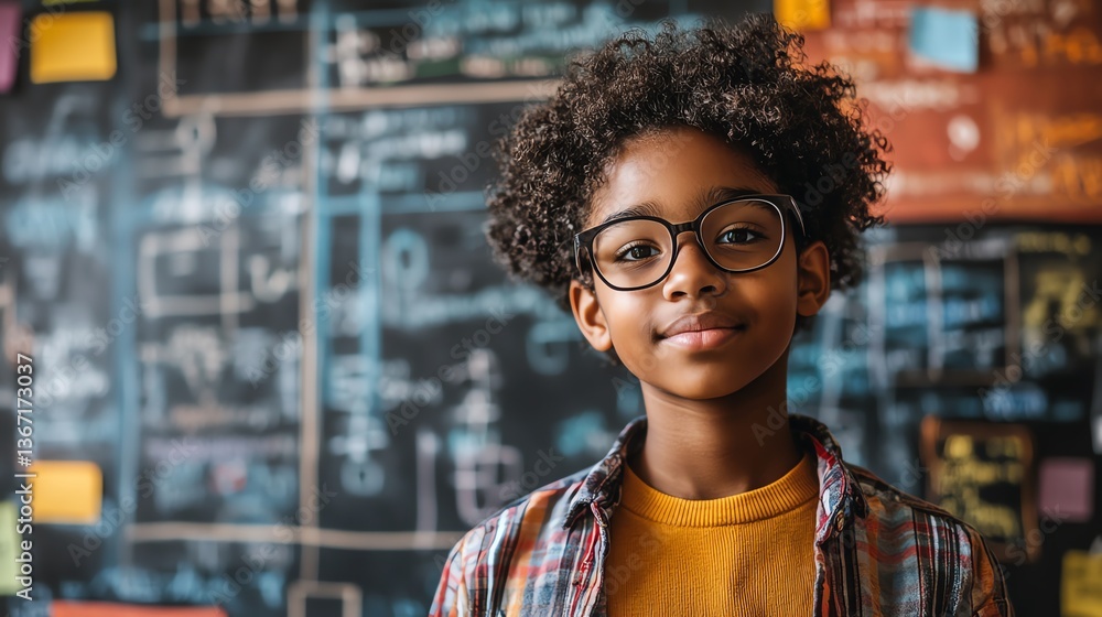 A student in a colorful classroom setting, standing before a chalkboard filled with intricate equations, representing the pursuit of knowledge and scholarly curiosity A student in a colorful classroom setting, standing before a chalkboard filled with intricate equations, representing the pursuit of knowledge and scholarly curiosity