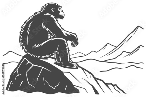 A calm and mysterious silhouette of a Yeti sitting on a large rock, gazing at distant mountains E