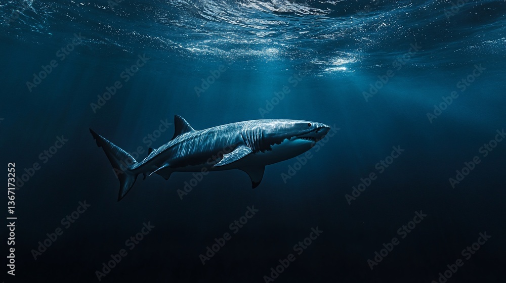 Fototapeta premium Great white shark underwater, sunbeams.