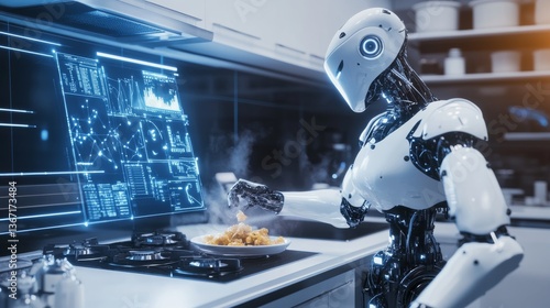 An AI powered autonomous robotic chef cooking gourmet dishes in a high tech kitchen, precision ingredient dispensers, glowing digital recipe interface