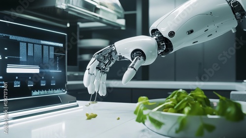 An AI powered autonomous robotic chef cooking gourmet dishes in a high tech kitchen, precision ingredient dispensers, glowing digital recipe interface