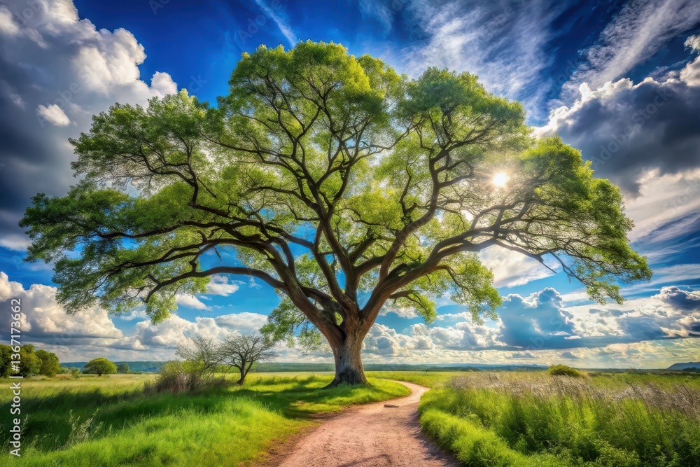 Fototapeta premium Majestic Summer Tree by Winding Path Under Bright Sun and Fluffy Clouds