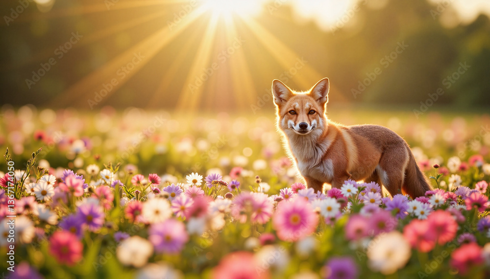 Fototapeta premium Fox standing in blooming phlox field during sunrise, serene moment