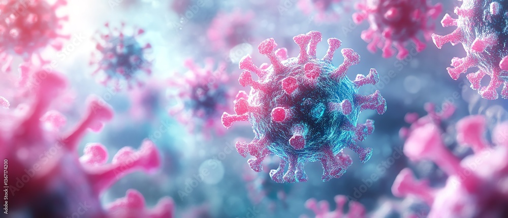 A dynamic and colorful depiction of virus particles in pink and blue, showcasing the microscopic world of pathogens through an artistic and engaging lens A dynamic and colorful depiction of virus particles in pink and blue, showcasing the microscopic world of pathogens through an artistic and engaging lens