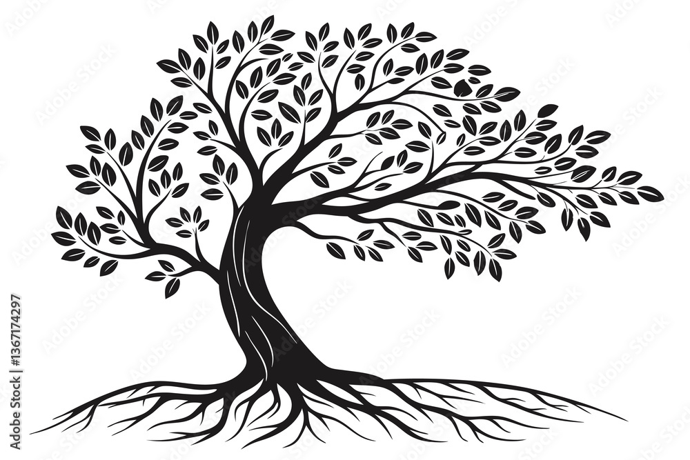 Obraz premium A black tree silhouette vector with intricate roots and branches evokes a winter forest's stark outline