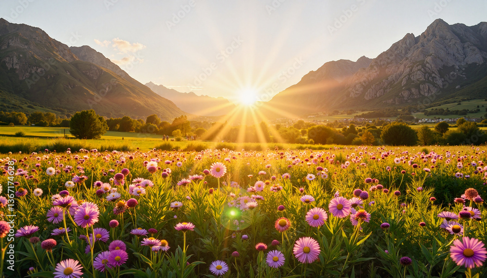 Fototapeta premium Blooming aster field at sunrise in rural valley, natural beauty