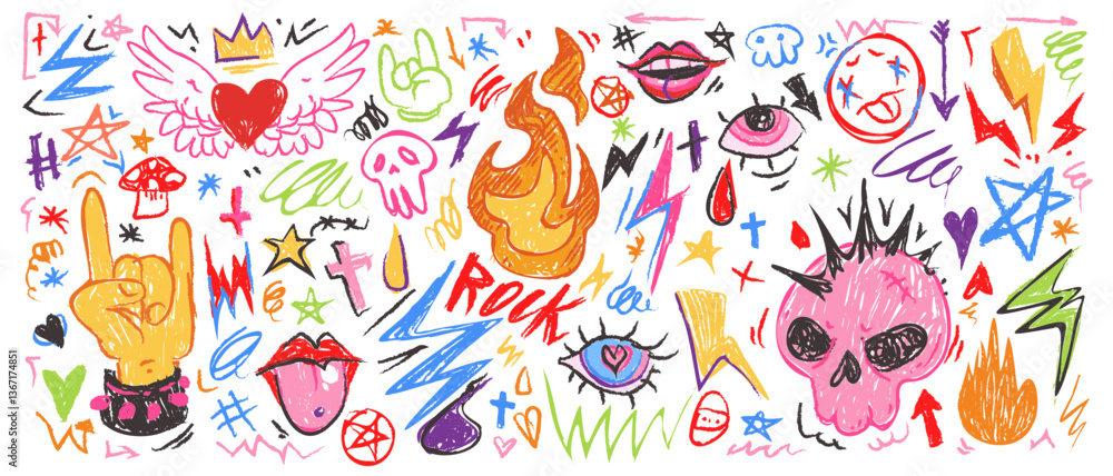 Colorful punk rock doodle set - funny skulls, flames, lightning bolts and stars, hearts, lips and eyes. Vivid freehand drawings, sketch for rebellious music poster, textile, youth subculture design. Colorful punk rock doodle set - funny skulls, flames, lightning bolts and stars, hearts, lips and eyes. Vivid freehand drawings, sketch for rebellious music poster, textile, youth subculture design.