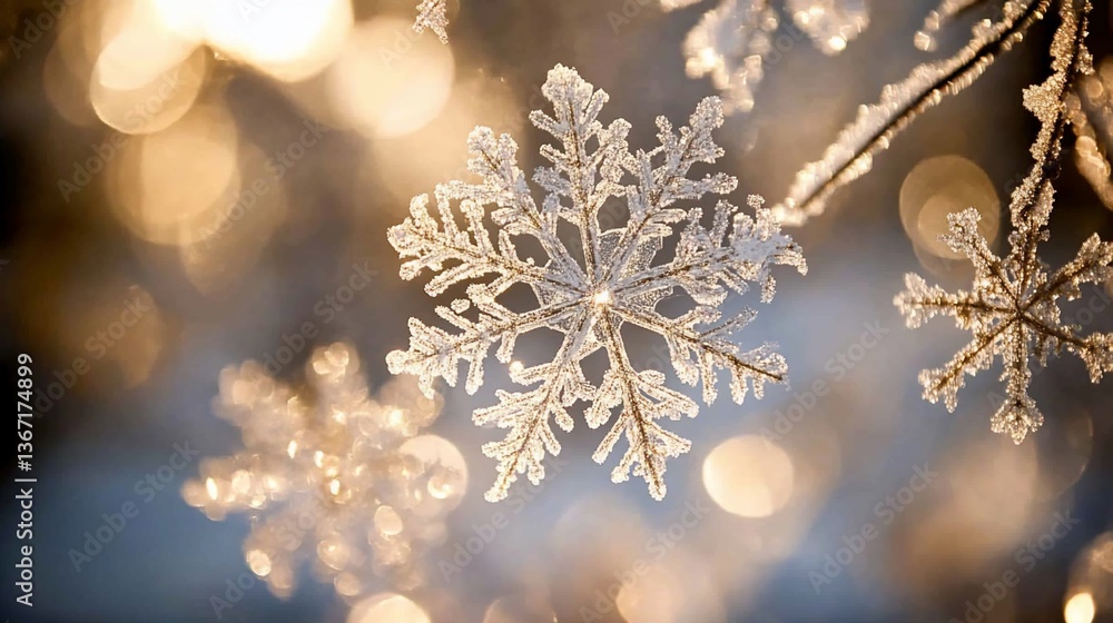 Close-up of a delicate, frost-covered snowflake on a branch, illuminated by warm, blurry bokeh lights. Close-up of a delicate, frost-covered snowflake on a branch, illuminated by warm, blurry bokeh lights.