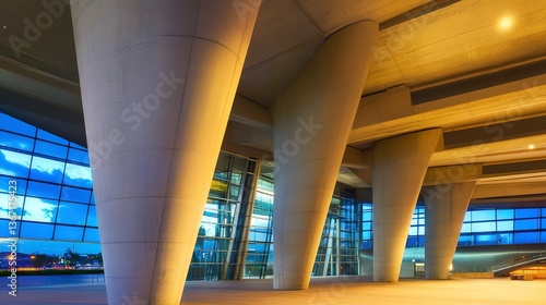 Evening light illuminates the elegant curves of a modern building's interior, creating a serene and awe-inspiring space with warm golden tones.